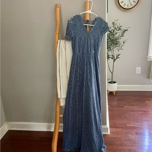Beautiful Cobalt Blue Baltic Born floor length lace gown.